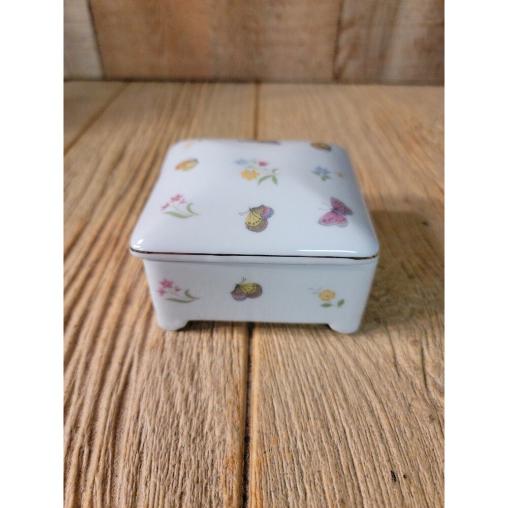 Vintage Porcelain Trinket Box Made In Japan With Butterflies And FLowers